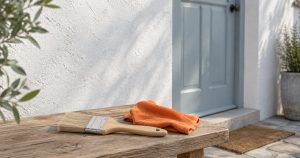 漆喰のような白い外壁と淡い青灰色の玄関扉の一部を背景に、木の板の上へ無地の刷毛と小さな橙色の布を置いた、やわらかな自然光の写真風の静物(イメージ)