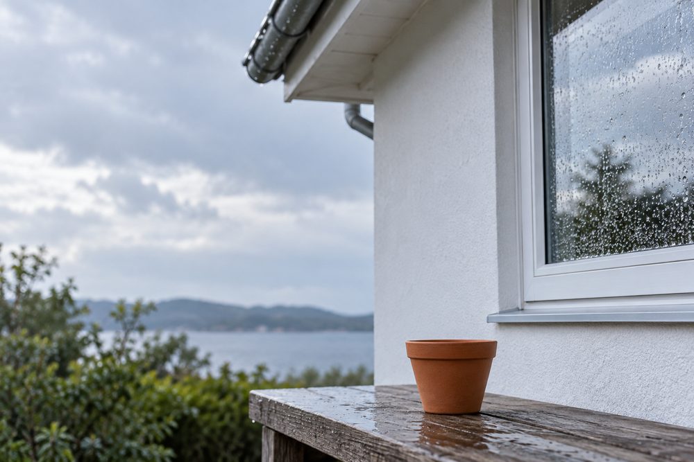 雨上がりのやわらかな自然光の中、白い住宅の軒先と淡い青灰色の空、雨粒が残る窓の外側を写した静かな写真風の場面で、手前の木の板に小さな無地の橙色の鉢を置く(イメージ)